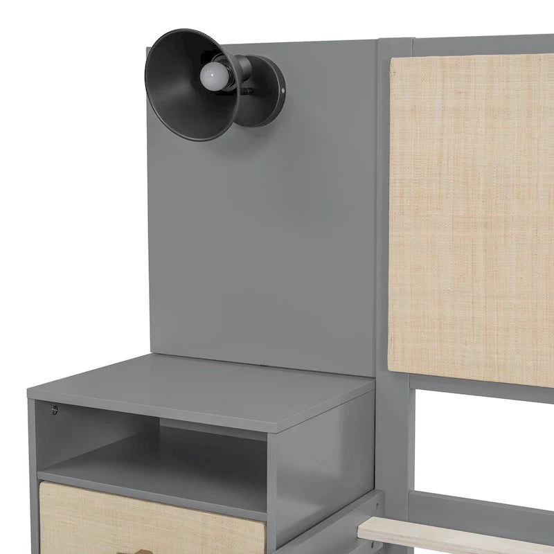 Cadre de lit plateforme queen size en bois massif avec tables de chevet intégrées et lampes de tête de lit