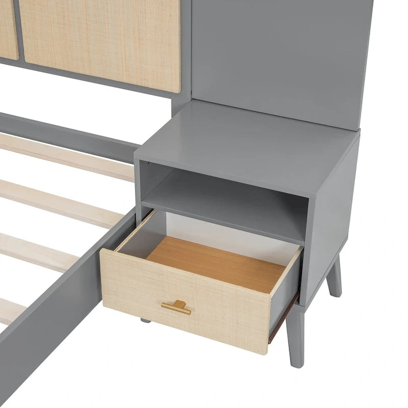 Cadre de lit plateforme queen size en bois massif avec tables de chevet intégrées et lampes de tête de lit