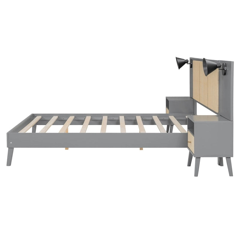 Cadre de lit plateforme queen size en bois massif avec tables de chevet intégrées et lampes de tête de lit