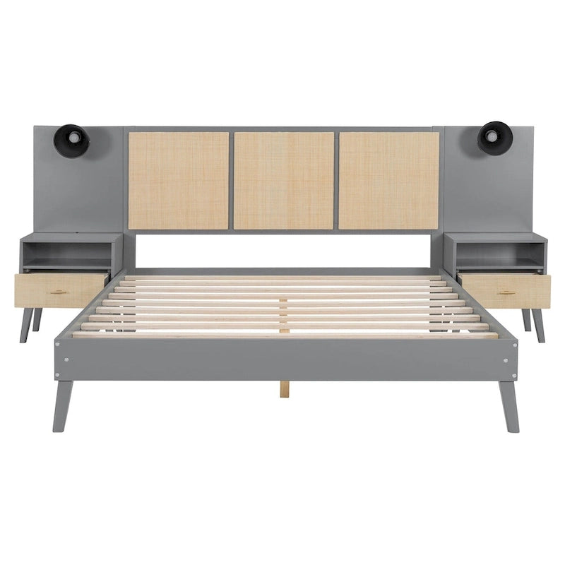 Cadre de lit plateforme queen size en bois massif avec tables de chevet intégrées et lampes de tête de lit