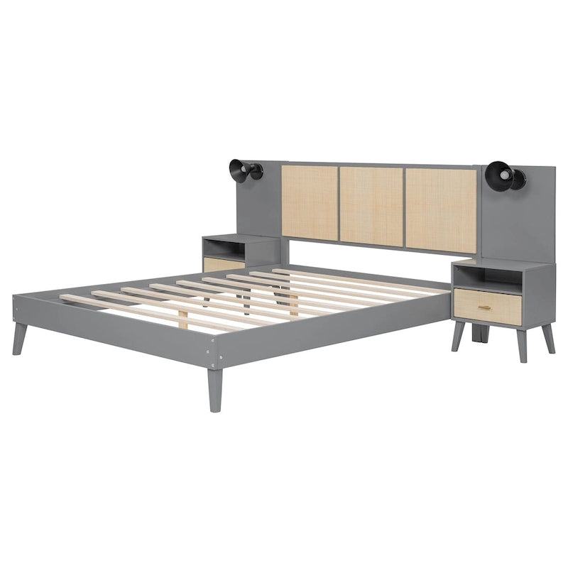 Cadre de lit plateforme queen size en bois massif avec tables de chevet intégrées et lampes de tête de lit
