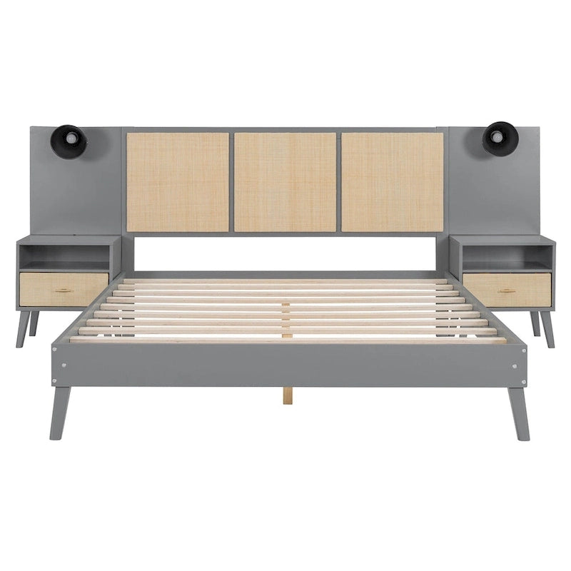 Cadre de lit plateforme queen size en bois massif avec tables de chevet intégrées et lampes de tête de lit