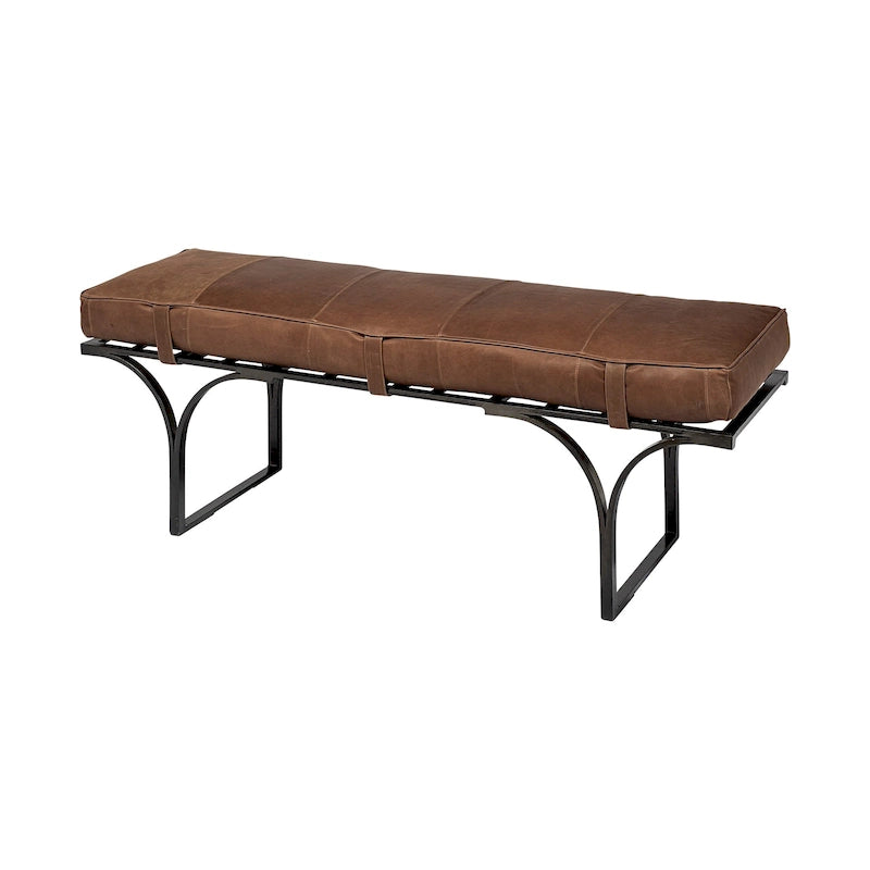 55" x 16" Akzentbank mit brauner Ledersitzfläche und schwarzem Metallgestell