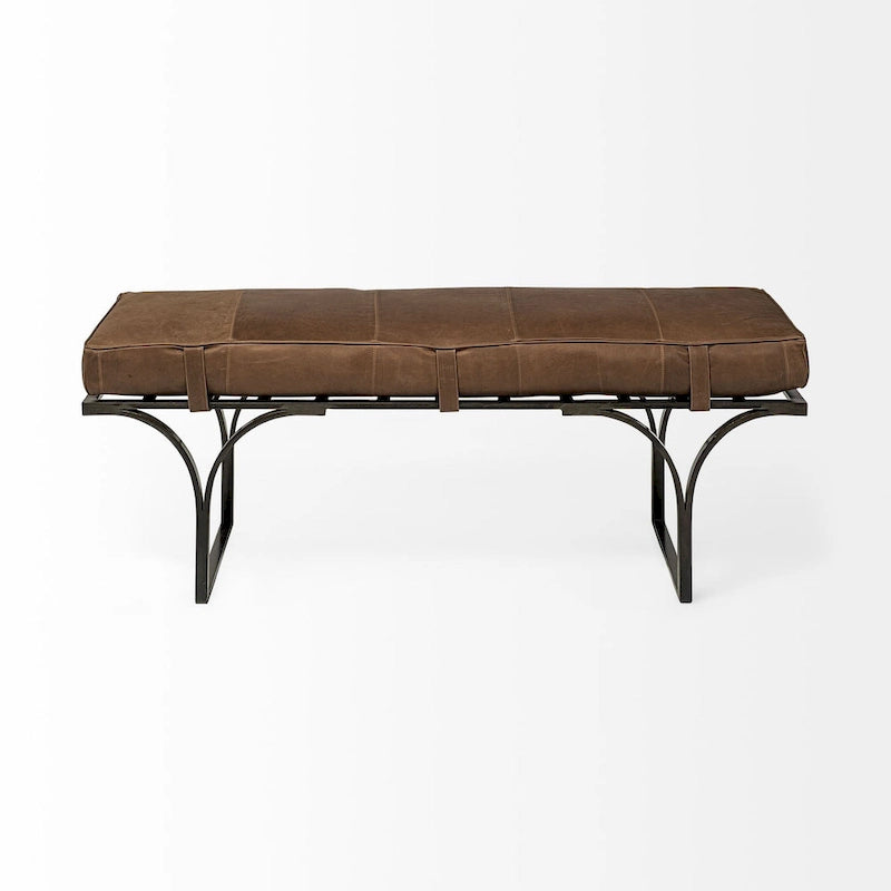 55" x 16" Brown Leather Seat & Black Metal Base Accent Bench