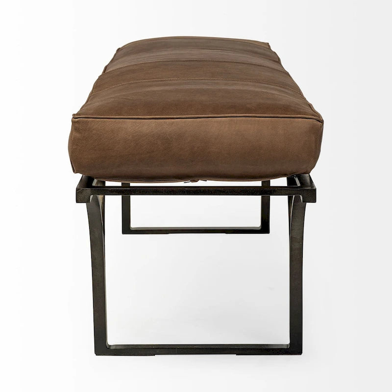55" x 16" Brown Leather Seat & Black Metal Base Accent Bench