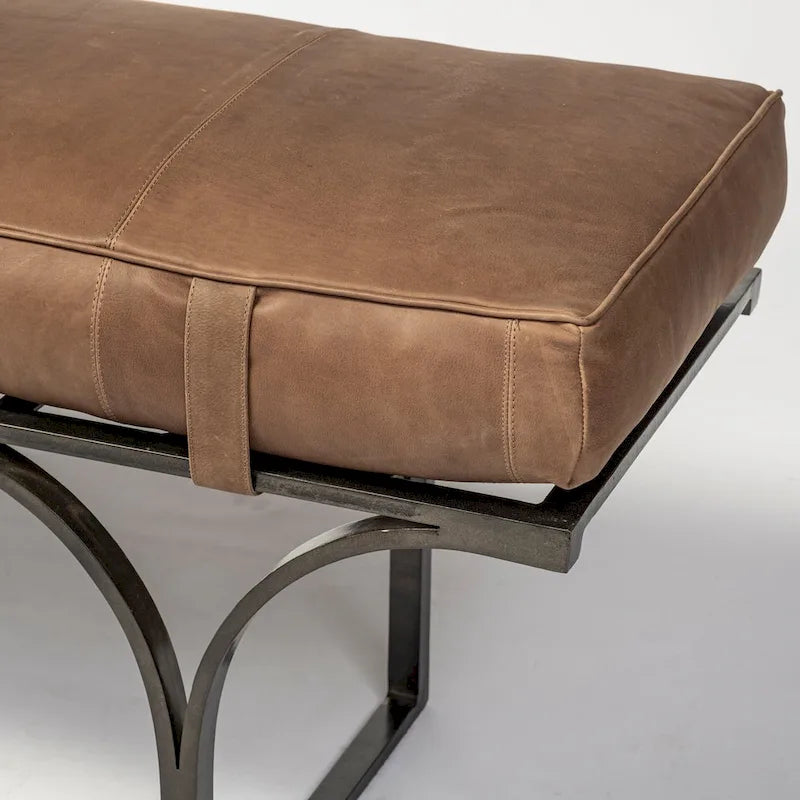 55" x 16" Brown Leather Seat & Black Metal Base Accent Bench