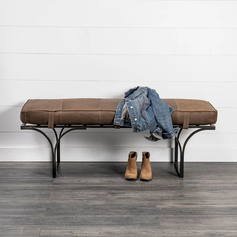55" x 16" Brown Leather Seat & Black Metal Base Accent Bench