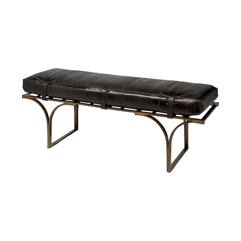 55" x 16" Akzentbank mit brauner Ledersitzfläche und schwarzem Metallgestell
