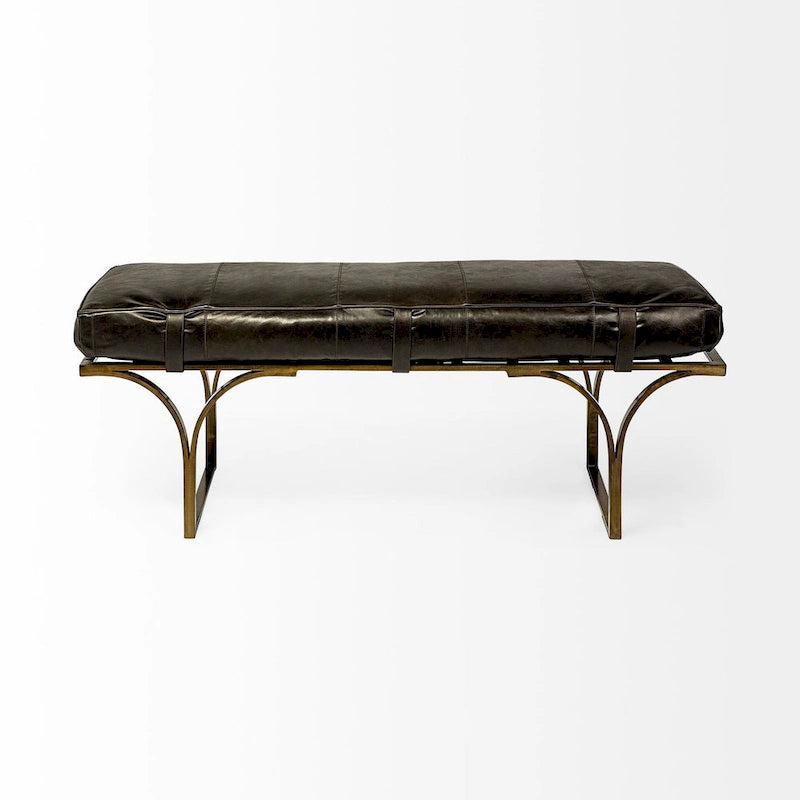 55" x 16" Akzentbank mit brauner Ledersitzfläche und schwarzem Metallgestell
