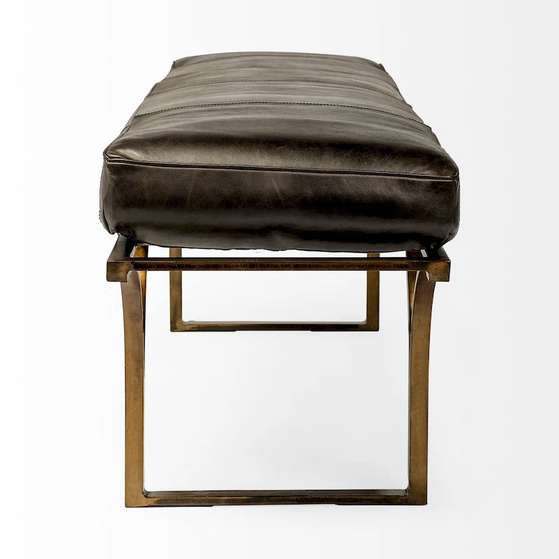 55" x 16" Akzentbank mit brauner Ledersitzfläche und schwarzem Metallgestell