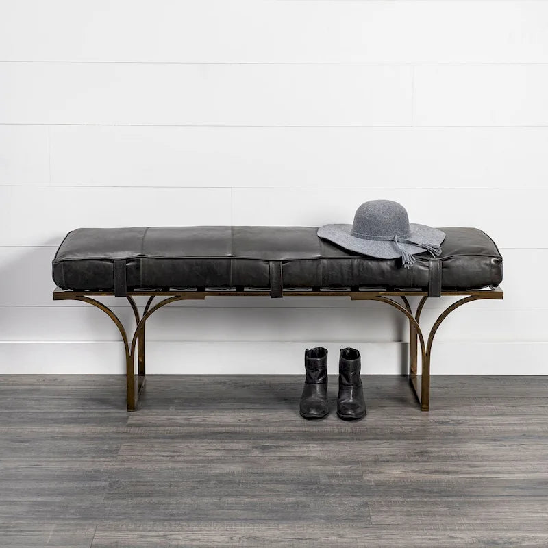 55" x 16" Brown Leather Seat & Black Metal Base Accent Bench