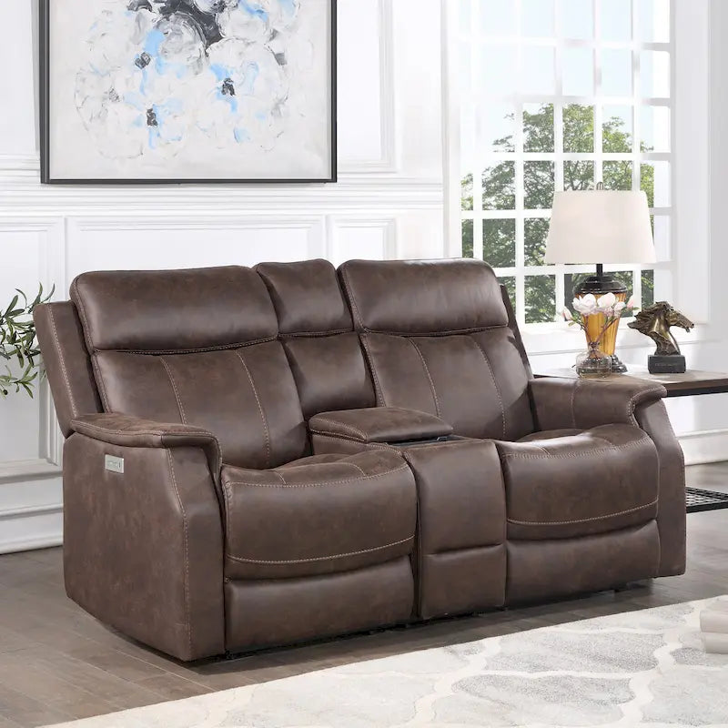 Faux Leather Power Reclining Console Loveseat