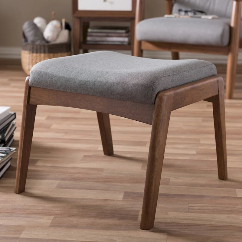 Mid-Century Walnut Upholstered Ottoman