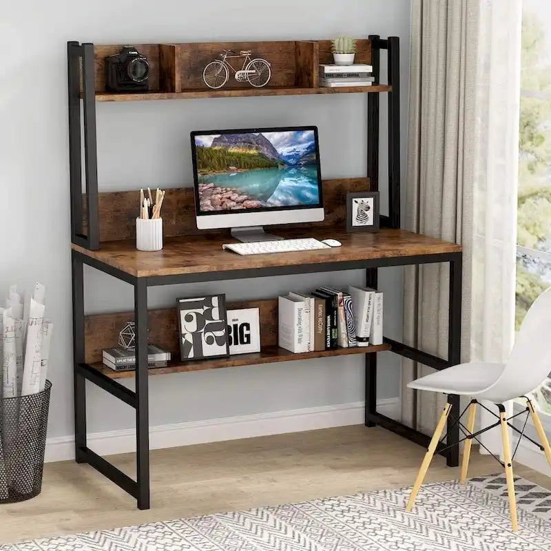 Schreibtisch fürs Homeoffice, Computertisch und Arbeitstisch mit Aufsatz und Ablagefächern