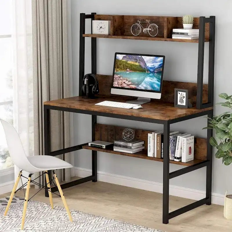 Schreibtisch fürs Homeoffice, Computertisch und Arbeitstisch mit Aufsatz und Ablagefächern