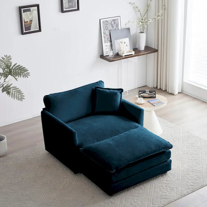 Moderner Akzent-Sessel mit Hocker, Chenille-Polstersessel für Wohnzimmer, Lesesessel für Schlafzimmer, blaues Chenill