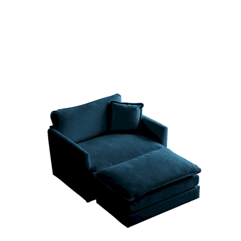 Modern Accent Chair with Ottoman, Living Room Club Chair Chenille Upholstered Armchair , Reading Chair for Bedroom, Blue Chenill