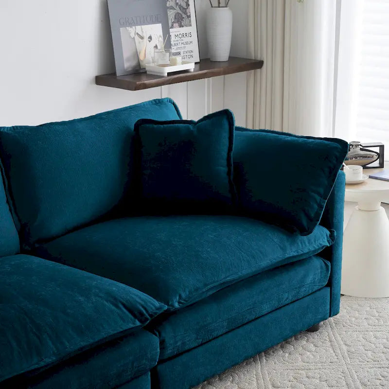 Moderner Akzent-Sessel mit Hocker, Chenille-Polstersessel für Wohnzimmer, Lesesessel für Schlafzimmer, blaues Chenill