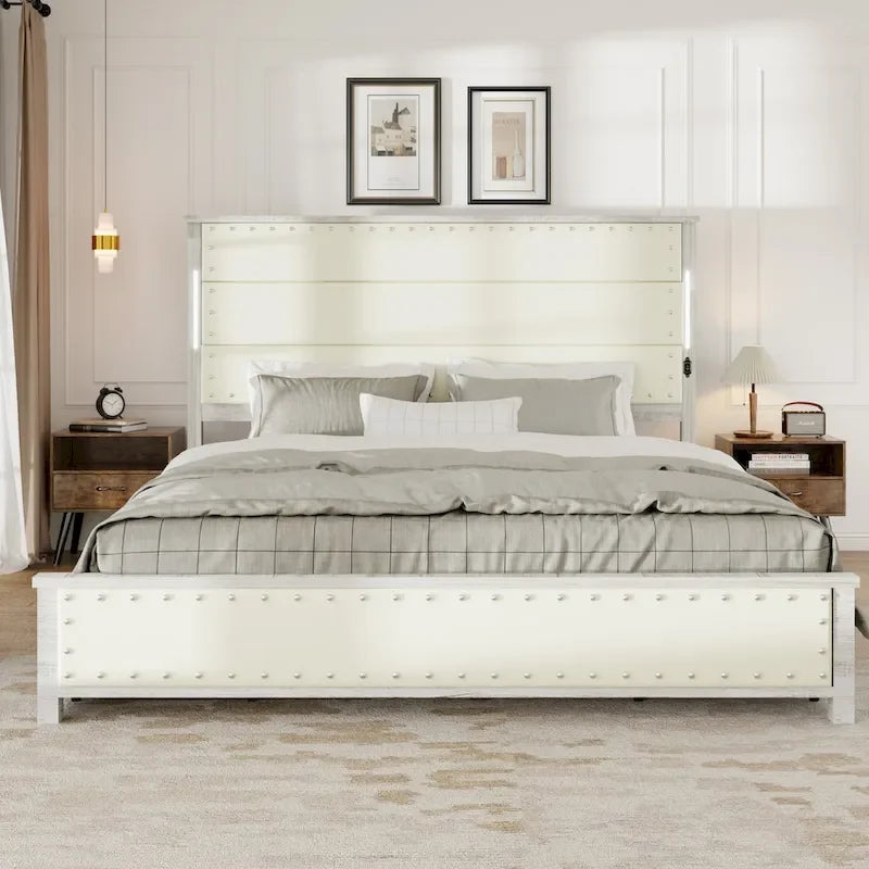 Bed Frame with Headboard and 4 Storage Drawers, Charging Station and LED Lights