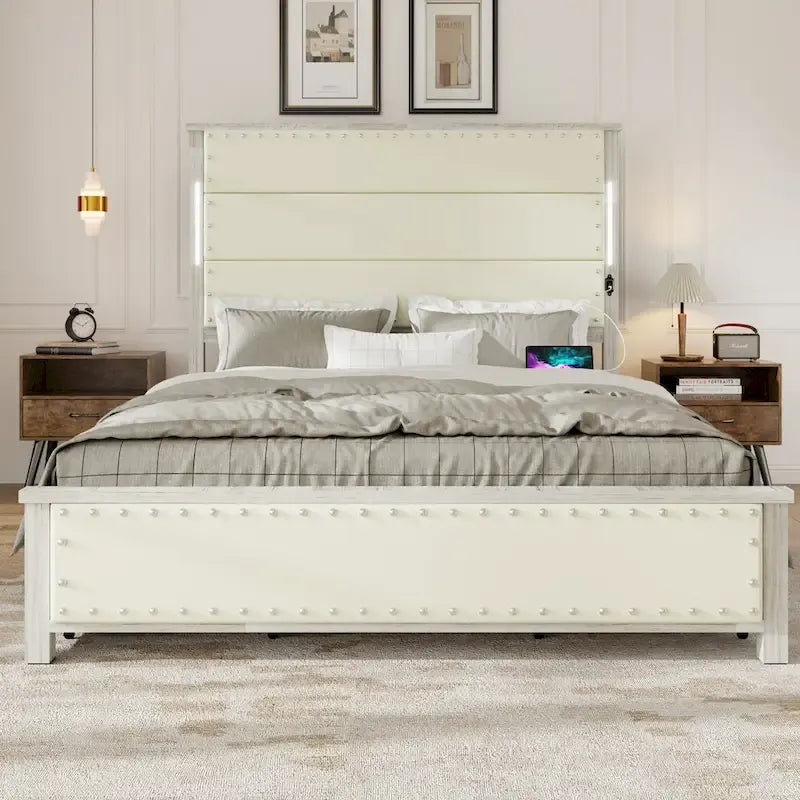Bed Frame with Headboard and 4 Storage Drawers, Charging Station and LED Lights