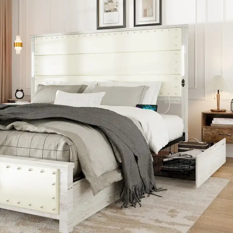 Bed Frame with Headboard and 4 Storage Drawers, Charging Station and LED Lights