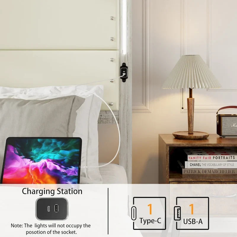 Bed Frame with Headboard and 4 Storage Drawers, Charging Station and LED Lights