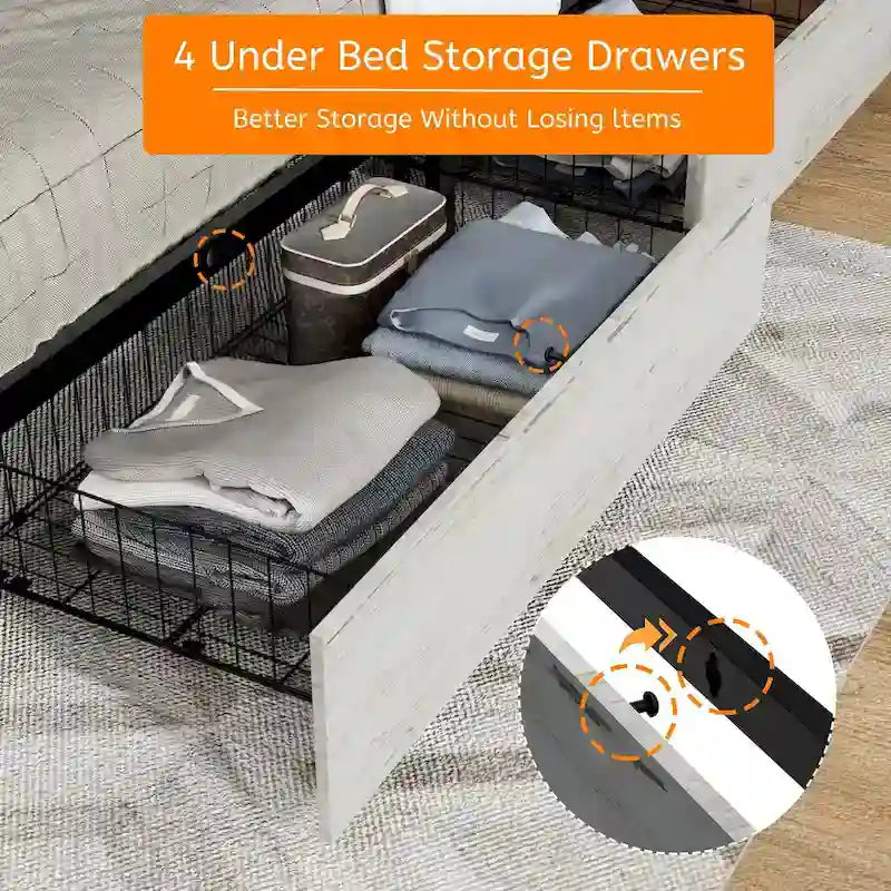 Bed Frame with Headboard and 4 Storage Drawers, Charging Station and LED Lights