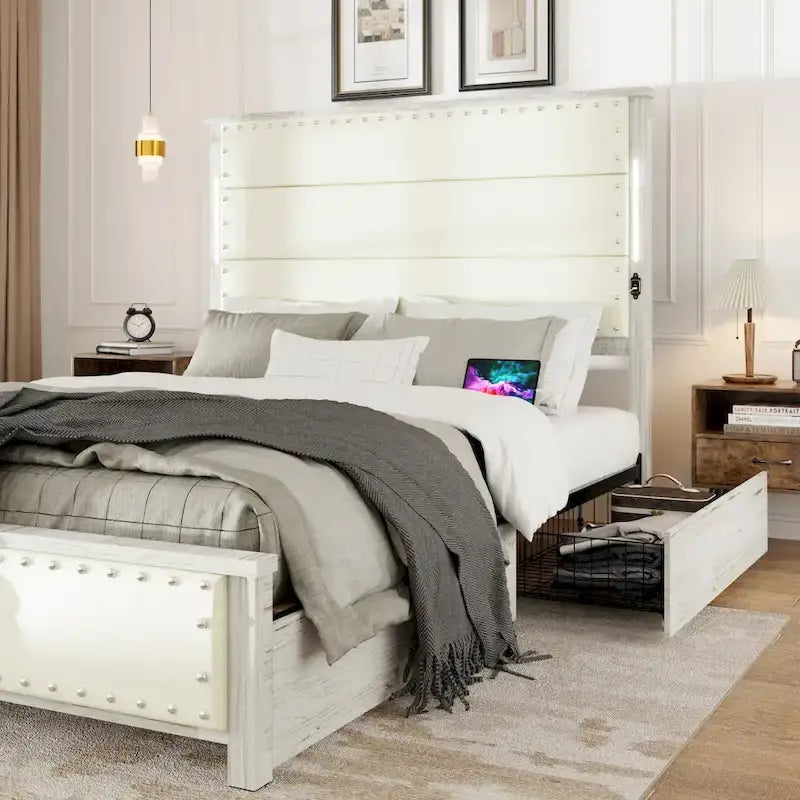 Bed Frame with Headboard and 4 Storage Drawers, Charging Station and LED Lights
