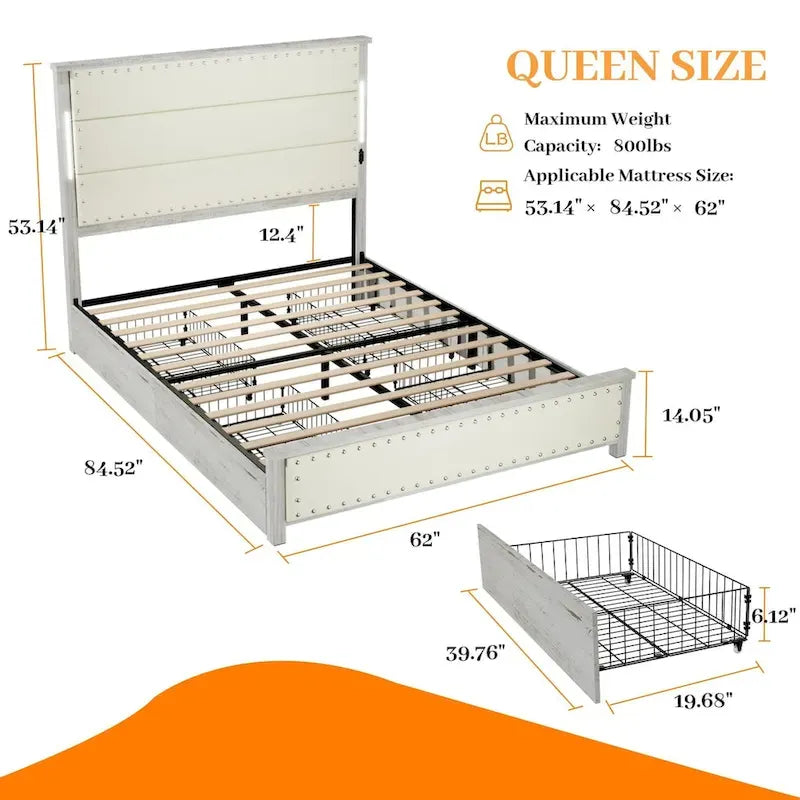 Bed Frame with Headboard and 4 Storage Drawers, Charging Station and LED Lights