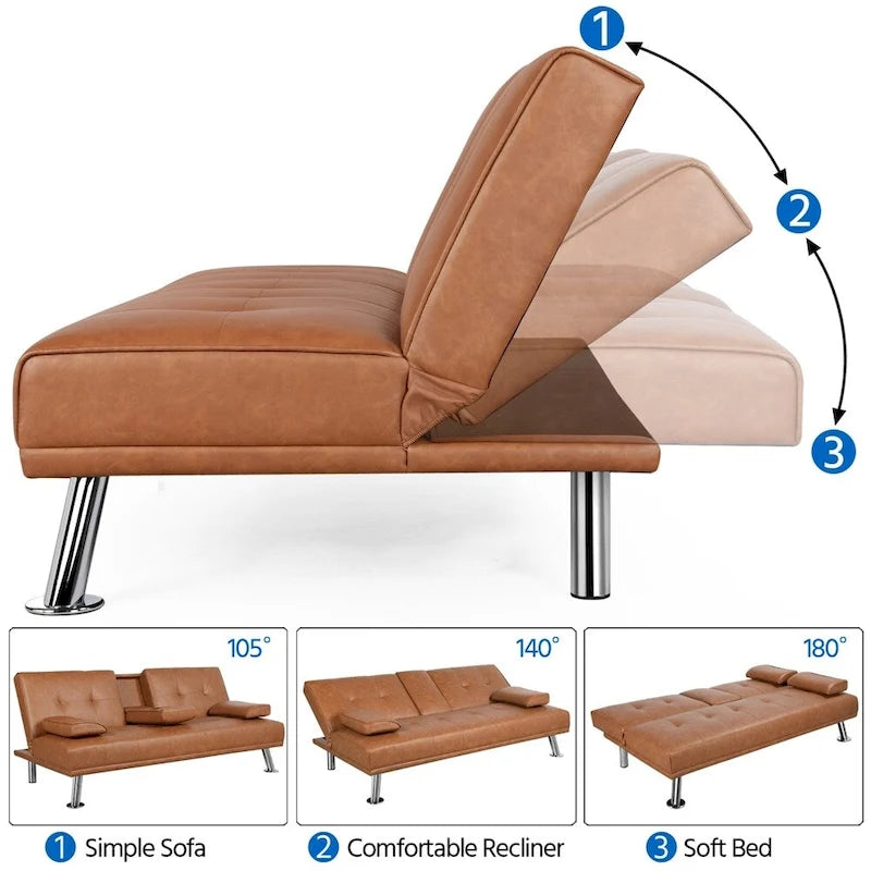 Divano reclinabile moderno in ecopelle, futon trasformabile in letto