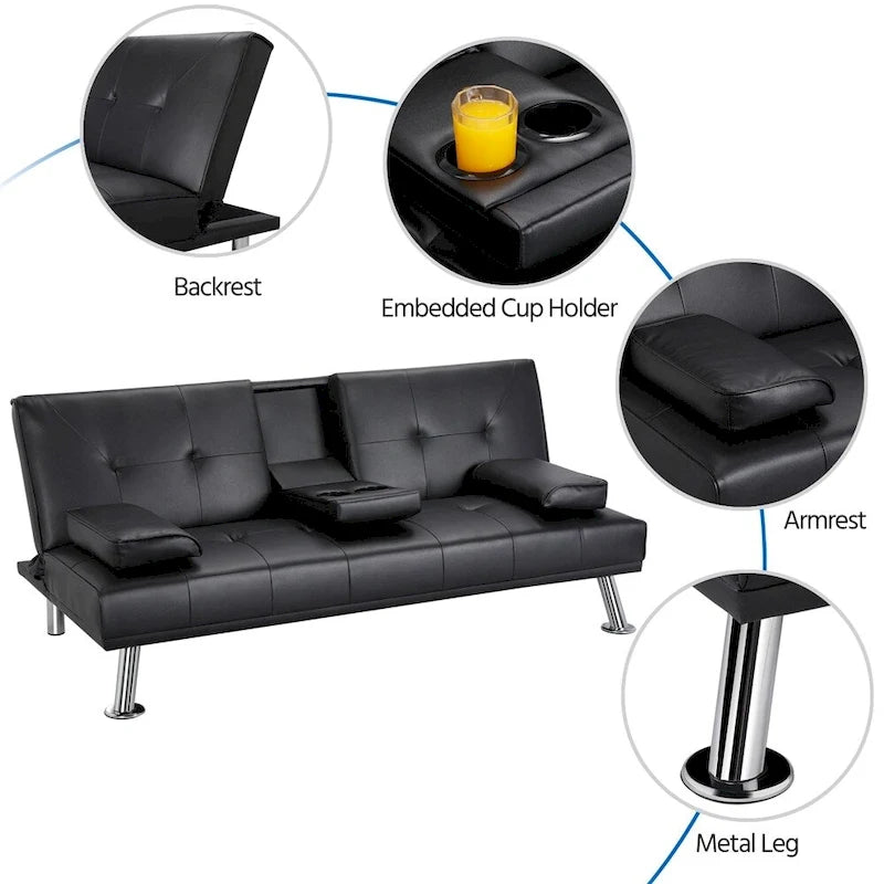 Divano reclinabile moderno in ecopelle, futon trasformabile in letto