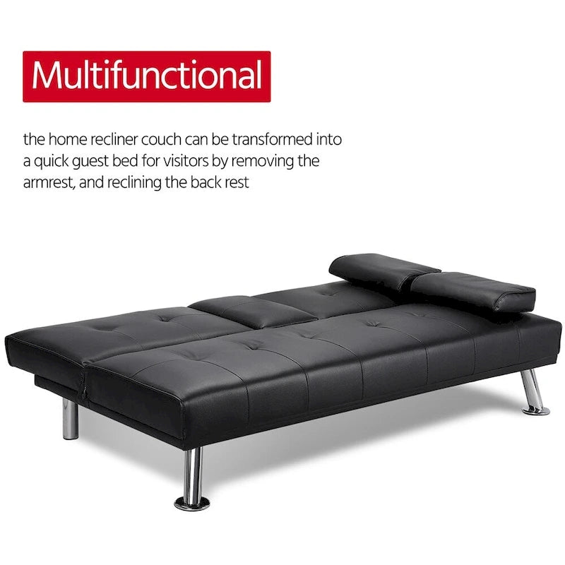Divano reclinabile moderno in ecopelle, futon trasformabile in letto