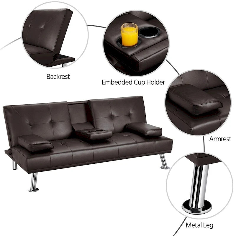 Divano reclinabile moderno in ecopelle, futon trasformabile in letto