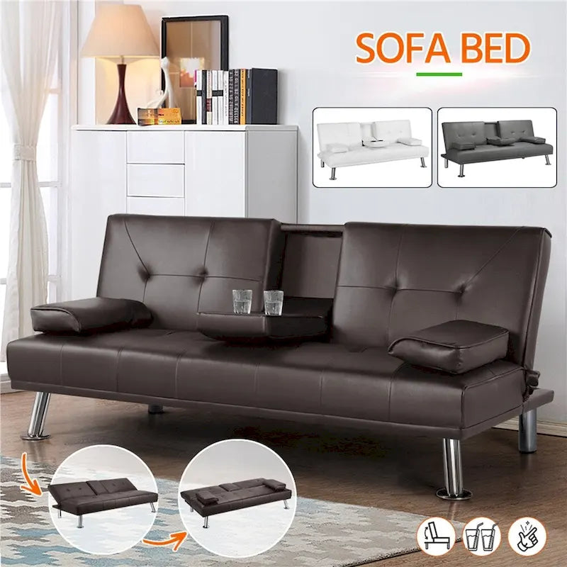 Divano reclinabile moderno in ecopelle, futon trasformabile in letto