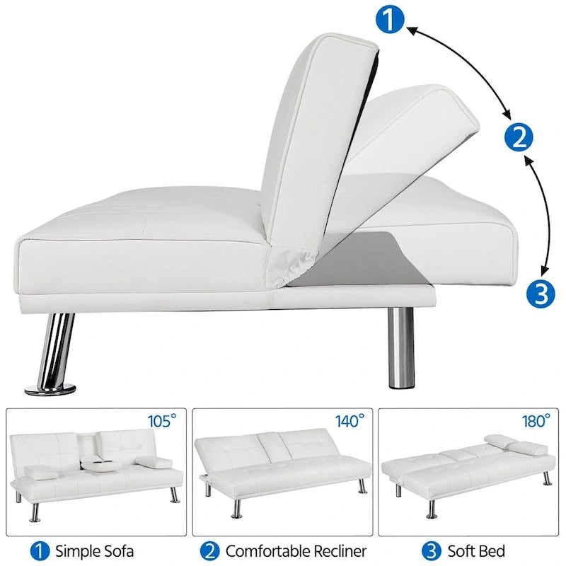 Divano reclinabile moderno in ecopelle, futon trasformabile in letto