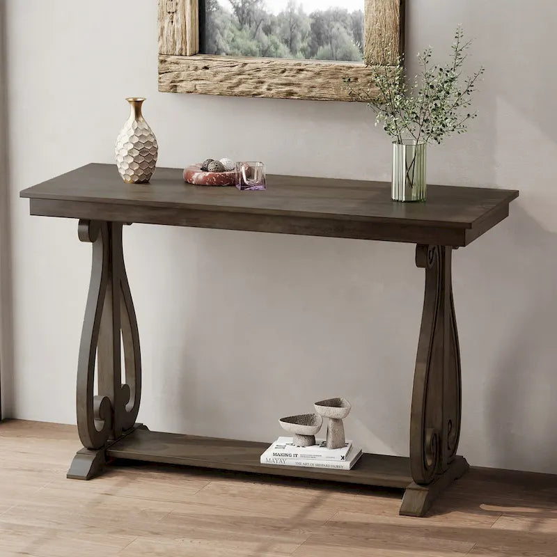 48-Inch Rustic Vintage Console Table --- Farmhouse Style Entryway Table with Open Shelf and Sturdy Construction