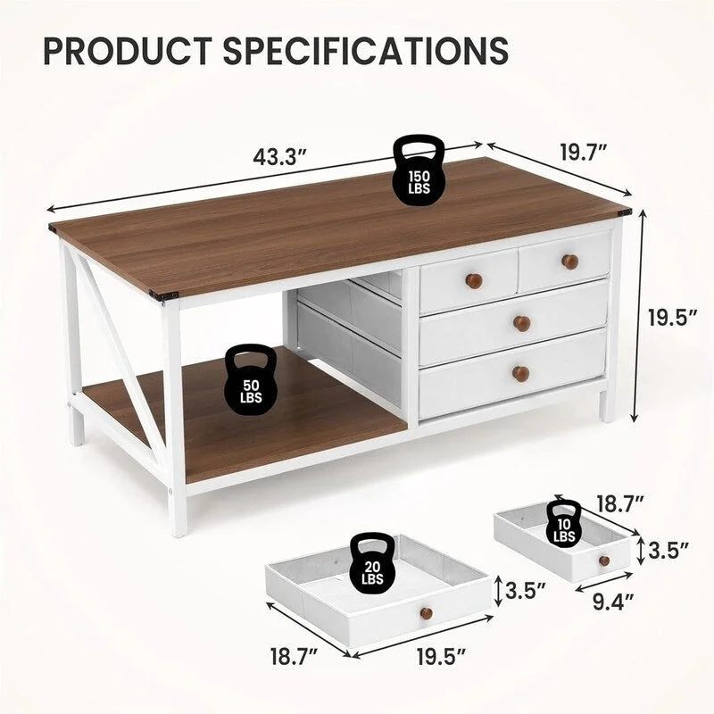 Coffee Table with 4 Storage Drawers - 19.7D x 43.3W x 19.5H