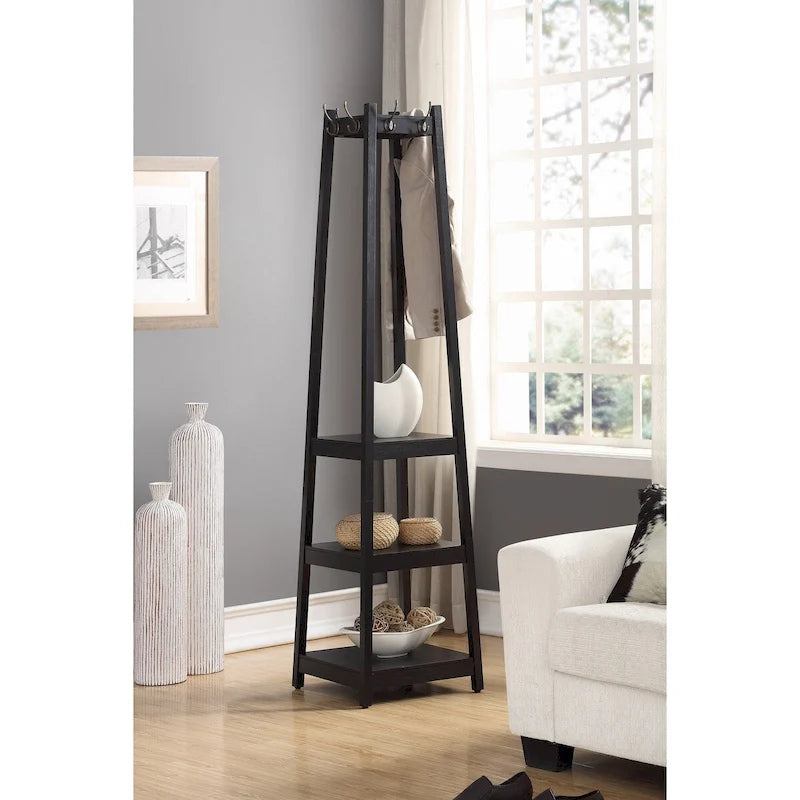 Porte-manteau en bois avec étagères de rangement à 3 niveaux