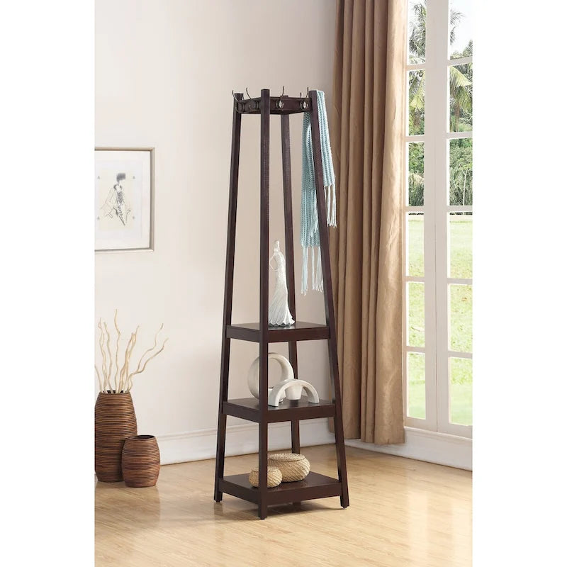 Porte-manteau en bois avec étagères de rangement à 3 niveaux