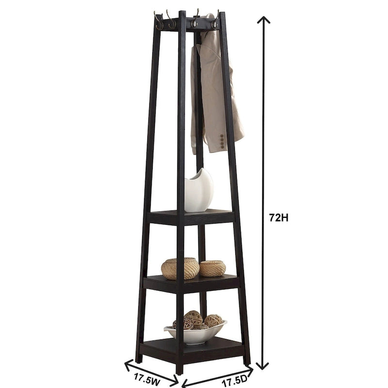 Porte-manteau en bois avec étagères de rangement à 3 niveaux