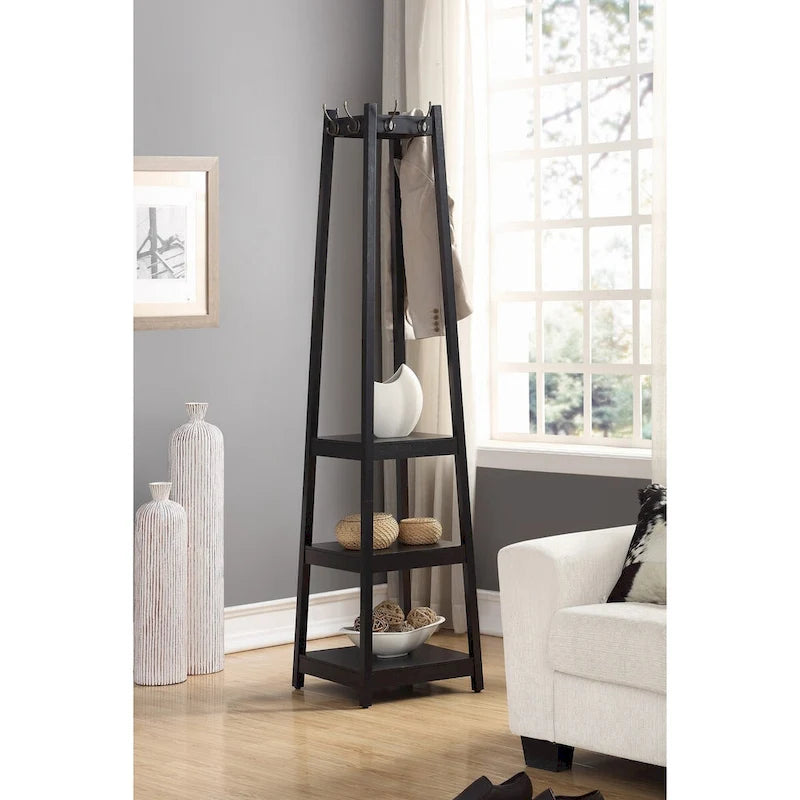 Porte-manteau en bois avec étagères de rangement à 3 niveaux