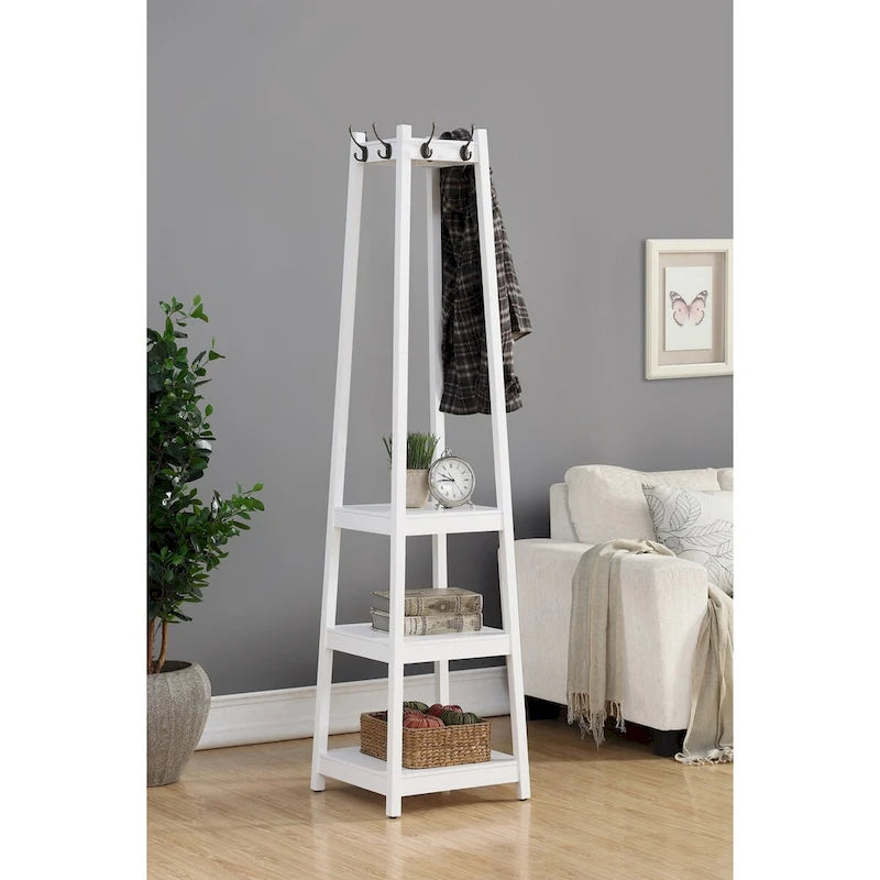 Porte-manteau en bois avec étagères de rangement à 3 niveaux