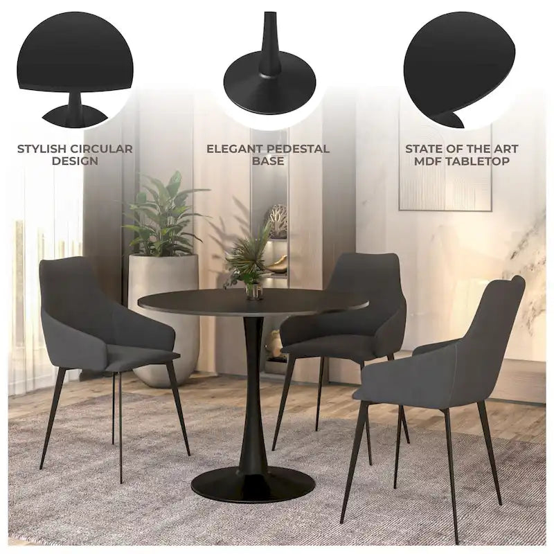 40" Round Dining Table for 4 with MDF Wood Tabletop in Black Steel Base for Kitchen & Dining Room