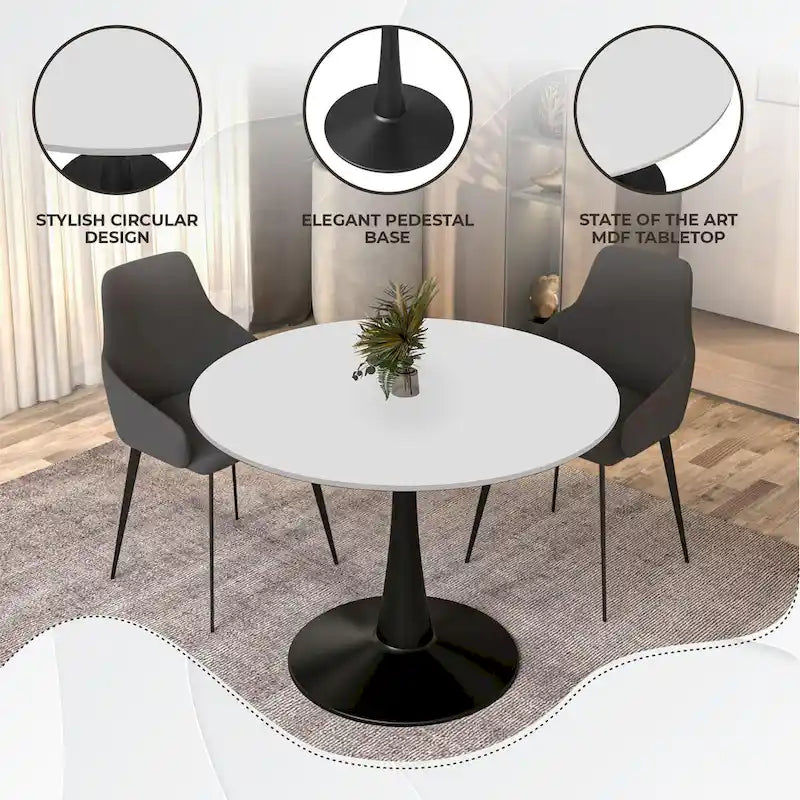 Ronde eettafel van 40" voor 4 personen met MDF-houten tafelblad en zwart stalen onderstel voor keuken en eetkamer
