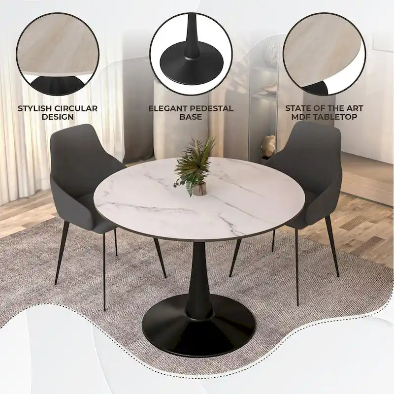 Ronde eettafel van 40" voor 4 personen met MDF-houten tafelblad en zwart stalen onderstel voor keuken en eetkamer
